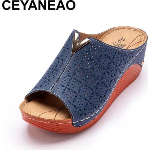 CEYANEAOsummer women Rome fish mouth slippers Retro PU leather platform shoes solid thick sole heels beach sandals women wedges