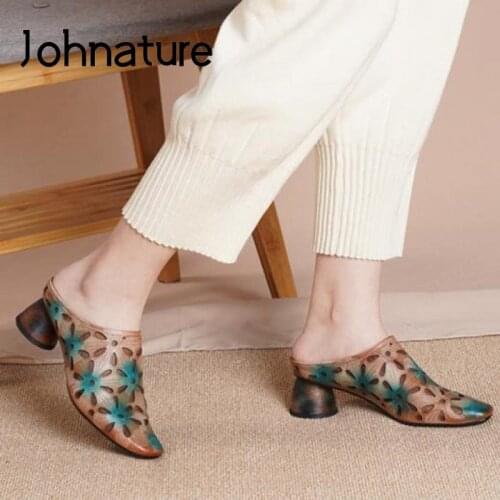 Johnature Summer Shoes Women Slippers 2021 New Genuine Leather Slides Mixed Colors Handmade Concise Leisure Outside Ladies Shoes