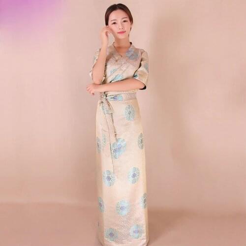 Asian Summer trend female China national tibetan clothes short-sleeve High quality damask robe Tibet Traditional female dress