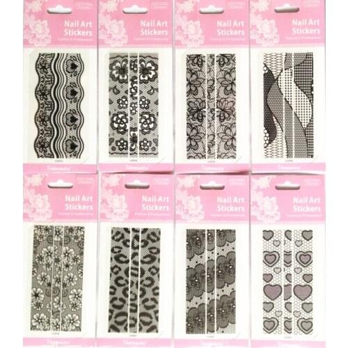 10sheets Black Lace Nail Sticker Heart Flower Hollow out Lace Decal Tip Manicure Nail Art