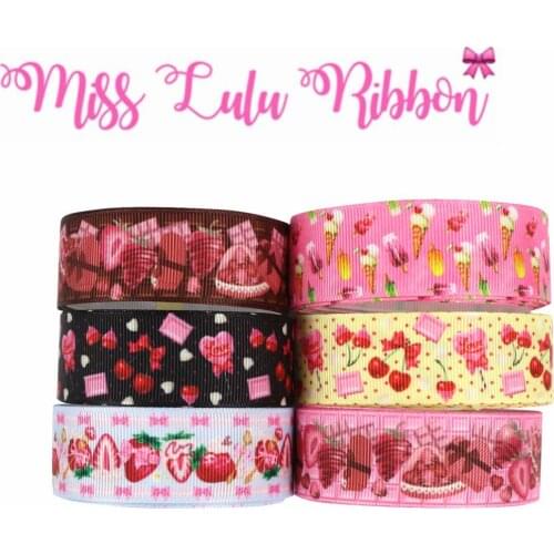 16mm-75mm Sweet Cake Chololate Strawberry Cherry Printed Grosgrain/Foe Ribbon Ice Cream DIY Hair Band Party Decor 50yards/roll
