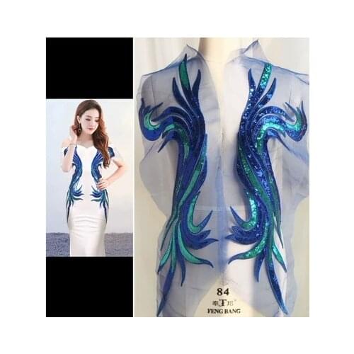 2Pcs/pack Gold Blue Phoenix tail sequin embroidery patch stage performance wedding decoration DIY seamless sewing