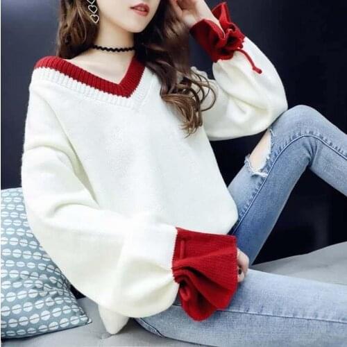 2021 Spring New Pullover Loose Lazy Wind With V-neck Trend Sweater Flared Sleeve Top