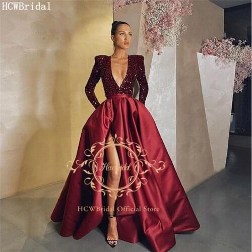 Burgundy Long Sleeves Arabic Evening Formal Dress V Neck Side Slit Shiny Sequin Satin Plus Size Prom Gown Special Occasion Dress