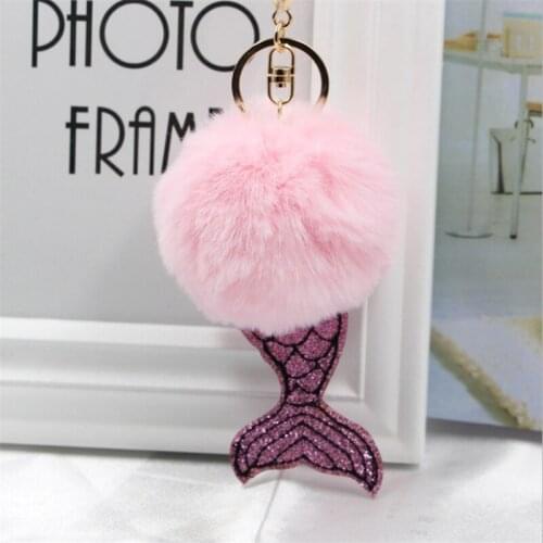 10pcs/Lot Glitter Fishtail Keychain Faux Rabbit Fur Key Chains Decorative Pendant Women Bag Car Key Ring Charm Jewelry Gifts
