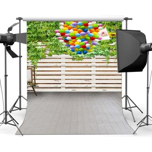 Photography Backdrop Birthday Balloons Green Leaves Vine Vintage Stripes Wood Floor Backdrops