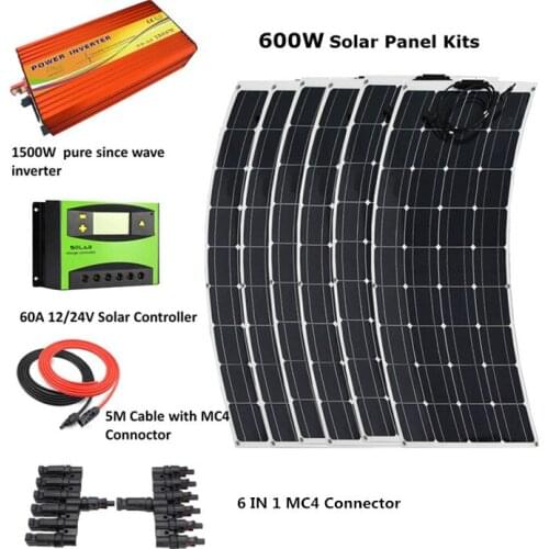 6pcs 100W Flexible Solar Panel Module with 1500w inverter and 60A LCD controller Houseuse Complete 600W Solar System Kit