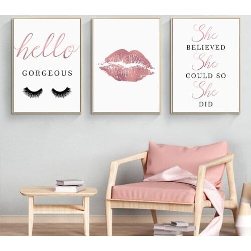 Canvas Painting Modern Rose Pink Makeup Lash Hello Gorgeous Sign Lips Posters And Prints Wall Art Pictures Girl Room Home Decor