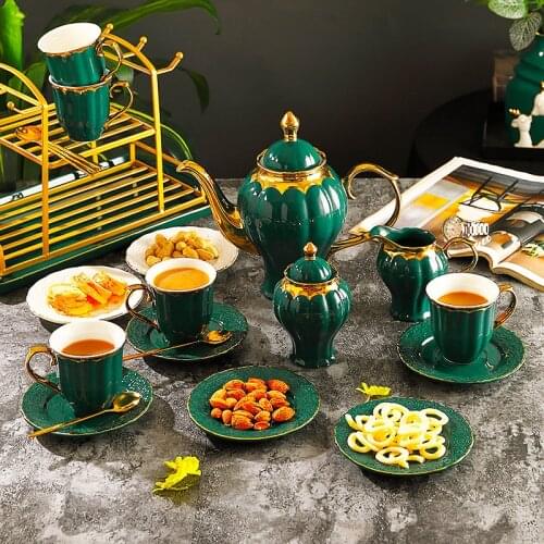 Ceramic Coffee Set Gold Inlay Bone China Tea Set Green Pot Creamer Sugar Bowl Teapot Coffee Cup Tea Mug Europe Coffee Ware