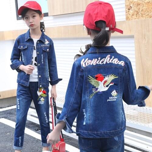Childrens clothing set 2019 new spring and autumn girls' jeans suit two-piece chinese bird girl denim body suit kids clothing