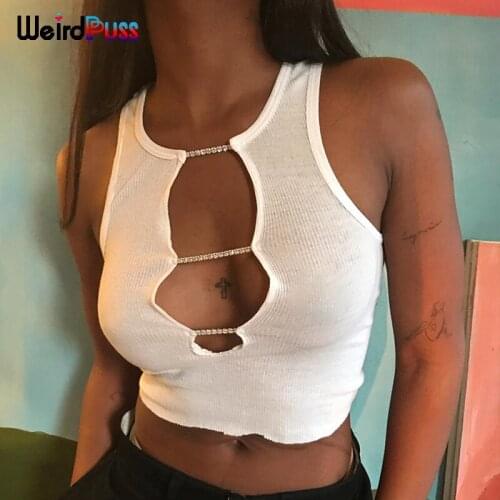 Weird Puss Rhinestone Chain Chic Tank Tops Women Hollow Ribbed Sexy Skinny Vest Hipster Wild Stretchy Sporty Streetwear Outfit