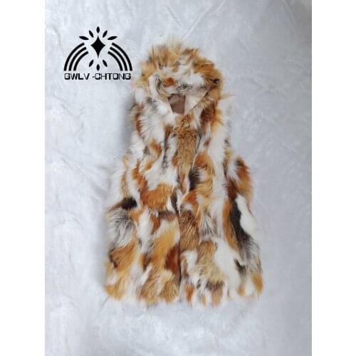 NEW Real genuine natural fox fur Vest with hood womens red fox fur gilet winter jacket 70CM length customized big size
