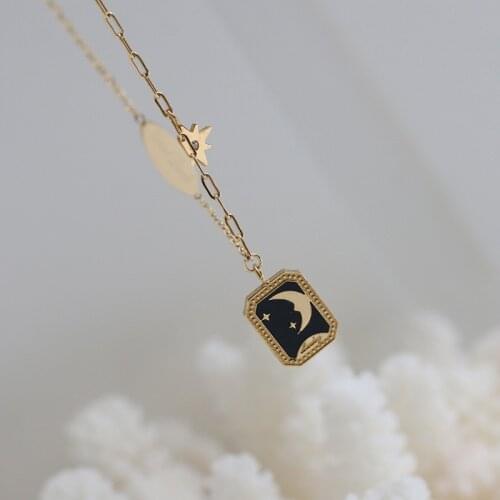 YUN RUO 2021 18K Gold Color Enamel Moon Myth Square Pendant Necklace Woman Jewelry Fashion 316 Titanium Steel Accessory Not Fade