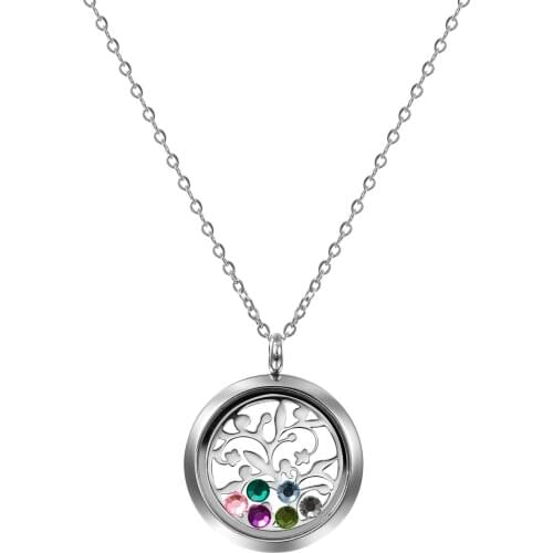 BONISKISS Women Life Tree Stainless Steel Pendant Open Photo Frame Necklaces Female Engrave Colored Glass Drill Collares Colier