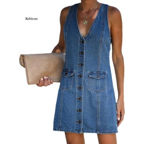 New Summer Women Dress Backless Office Lady Dress Single Breasted Button Denim Women Casual V Neck Sleeveless Mini Dress