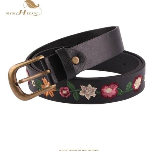 SISHION Women belts embroidery SP0777 Floral Leather Vintage Black belt decoration retro female