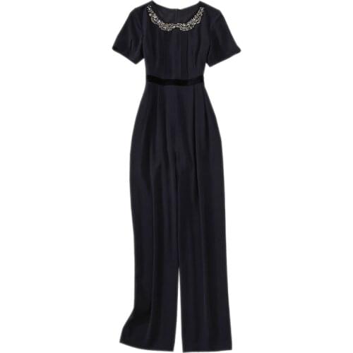 Rhinestone Studded O-Neck Short Sleeve Full Length Long Pants Women Jumpsuits One Piece Outfit Black Overall