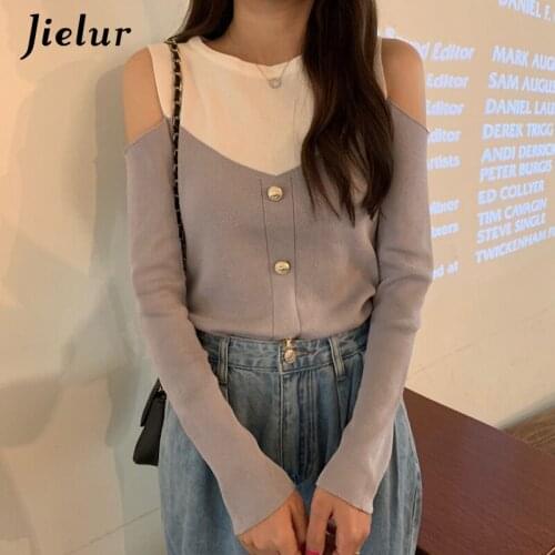 Jielur Sweater Women Hollow out Autumn Winter O-neckBasic Pull Femme Chic Slim Pullovers Jumper Soft Patchwork Knitted Sweaters
