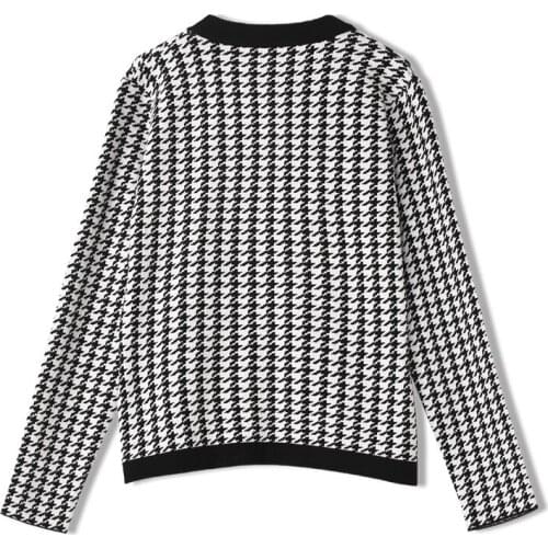 Houndstooth Sweater Fall Winter Women Elegant V-neck Knitted Cardigan Fashion Casual Womens Coat Single Button Jumpers Tops