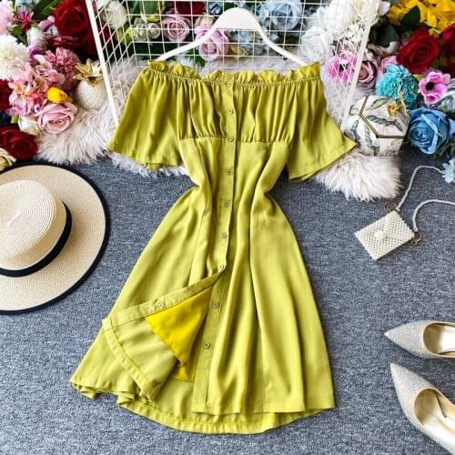 Teeuiear Vintage button Sexy Off Shoulder Summer short Dress vestido de fiesta Women Party high waist dress beach holiday dress