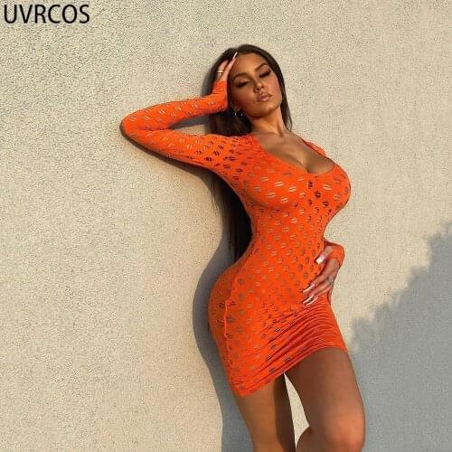 UVRCOS Streetwear Women Bodycon Dress Sexy Hole Hollow Out Long Sleeve O-neck Gothic Clothes 2021 Fashion Hot Cyber Y2K Dresses