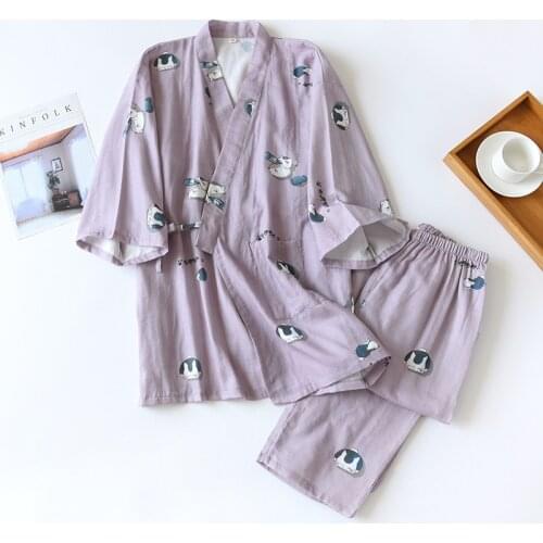 Japanese Kimono Two-Piece Couple Pajamas Cover Men Women Cotton Gauze Loungewear Sets Cute Kitten Thin Home Service Plus Size