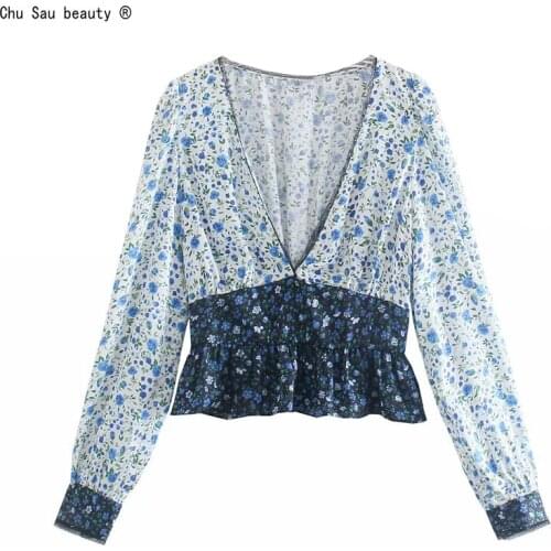 2021 Early Autumn New Vintage V-Neck Floral Print Lace Stitching Elastic Waist Folds Slim Short Shirt Top Women Fashion Blouse