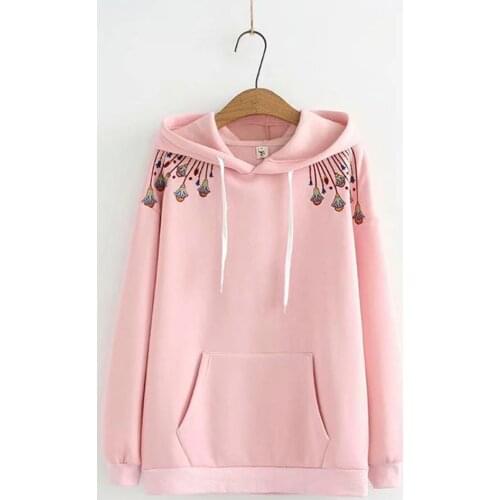 Plus size flower embroidery cotton women loose Sweatshirts 2020 new autumn casual ladies pink hoodies female pull tops oversize