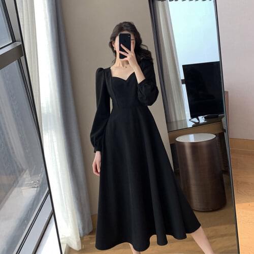Women Dresses Womens 2021 Spring And Autumn V-neck Over-the-Knee Black Dress Vestido De Mujer Femme Robe
