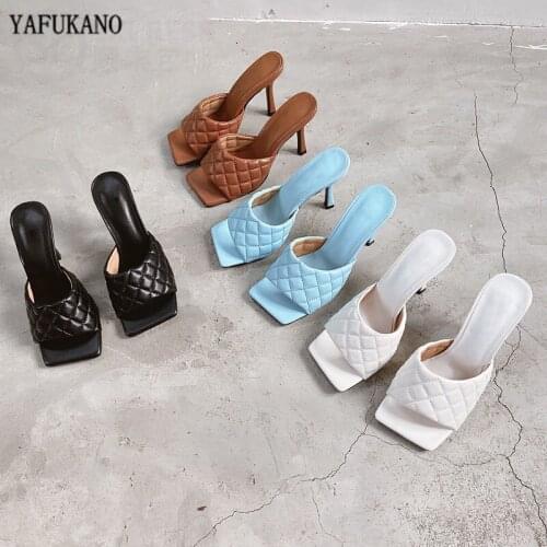 Slippers Woman Summer Fashion Sexy Square Toe Slip On Mules Shoes Open Toe Thin High Heels 9cm Party Sewing Deign Pumps Size 40