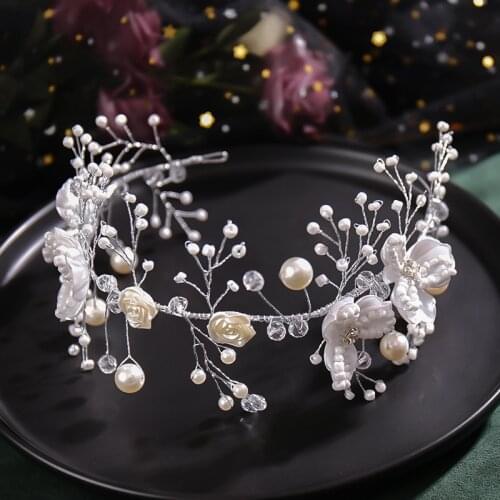 Bridal Pearl Flower Hairwear Weave Headbands Tiaras Wedding Accessories Elegant Bride Pearl Crown For Women