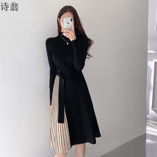 Autumn Winter Office Lady Long Sleeve Knitted Dress One-Piece Women Sweater Korean Elegant O Neck Splicing Pleated Knit Dresses