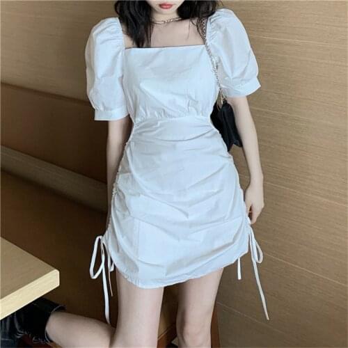 2020 summer new square collar short-sleeved dress drawstring irregular waist slimming dresses womens fashion