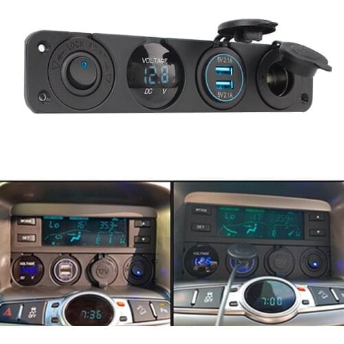 12V 4 In 1 Car Dual Usb Charger Socket Cigarette Lighter Switch Panel Waterproof Digital Voltmeter Power With Rocker Switch