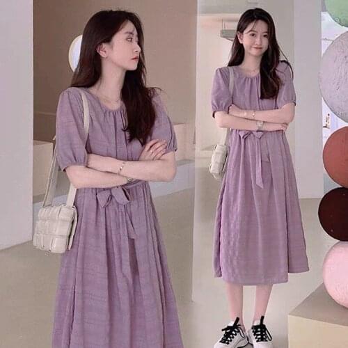 5096# Maternity Clothes Summer Solid Color O Neck Cotton Short Sleeve Loose Stylish Dress for Pregnant Women Mom Dress