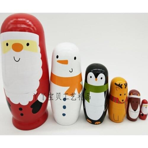 6 Layers Wooden 14.5cm Height Cartoon Russian Matryoshka Dolls Snowman Santa Claus Elk Penguin Photos