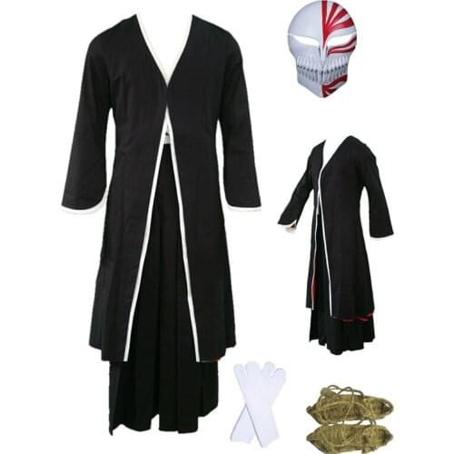 Anime Bleach Cosplay Ichigo Kurosaki Bankai Hollow Black kimono Mask Wig Men Halloween Cosplay Costume