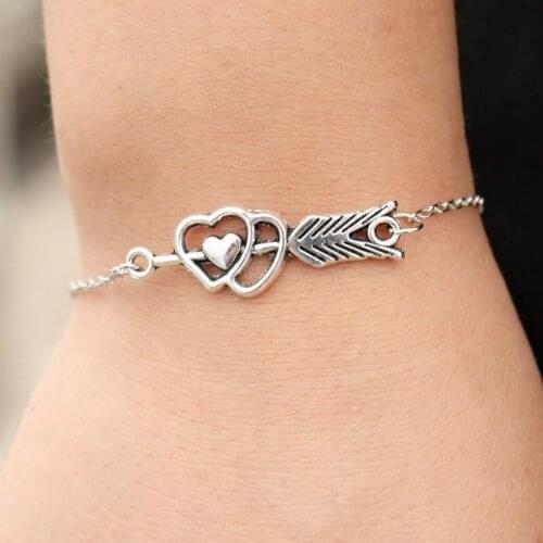 L186 New Vintage Cupid LOVE Arrow Heart Feather Chain Charm Bracelet Bangle For Women Jewelry Girl Valentines Gift Bilezikler