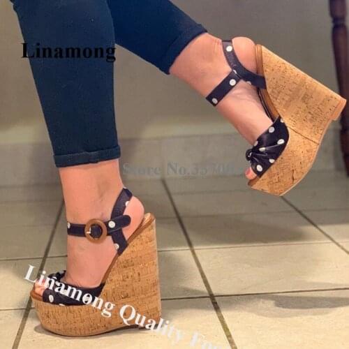 Linamong Women Summer Black White Wave Point High Platform Wedge Sandals Hieight Increased Ankle Strap Buckle Wedges Dress Heels