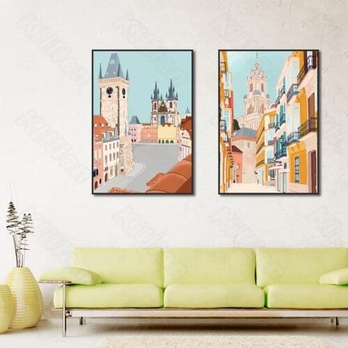 Cartoon Brief Type London Street and Lighthouse Wall Painting Posters and Murals In Nordic Style for Living Room and Decoration