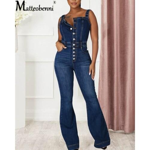 New Style Ladies Sexy Denim Jumpsuit Wide Leg Pants Ladies Casual Street Wear Jumpsuit Ladies Single Breasted Pocket Jumpsuit
