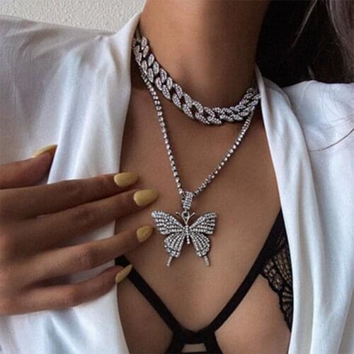 Crystal Butterfly Necklace Set Cuban Link Chain Choker Necklace Women Girls Butterfly Chains Bling Hip Hop Pendant Jewelry