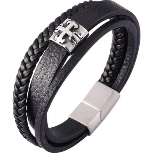 Punk Men Multilayer Leather Bracelets Men Woven Bangle Cross Charm Jewelry Christmas Gift BB0448