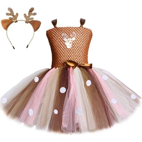 Brown Deer Tutu Dress For Girls Christmas Halloween Costume Kids Reindeer Princess Dresses Knee-length Xmas Childrens Clothes