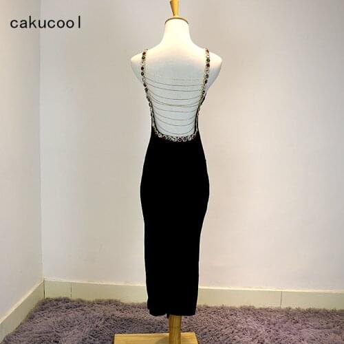 Cakucool Luxury Diamonds Beading Strap Dress Mid Long Sexy Backless Vestido O neck Sleeveless Evening Party Bodycon Slim Dresses