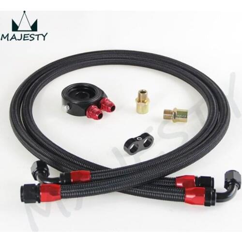 OIL FILTER SANDWICH ADAPTER black + STAINLESS STEEL/NYLON BRAIDED AN10 HOSE KIT 1.4M and 1.6M