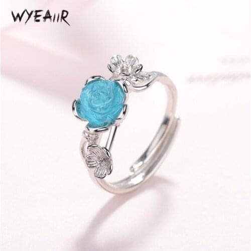 WYEAIIR Sweet Romantic Rose Rhinestone Student Cute Art 925 Sterling Silver Female Resizable Opening Rings
