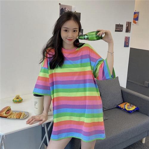 2021 Korean Style Women Tops Summer T-shirts Striped Short Sleeve Loose Tees Plus Size Tops