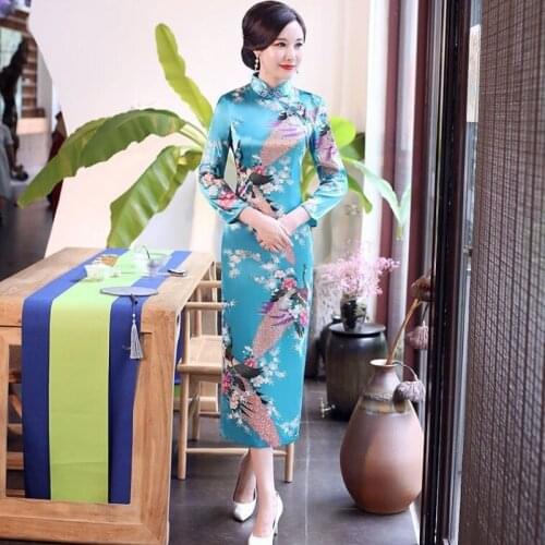 Royal Blue Chinese Traditional Cheongsam Qipao Women Costumes Qipao Cheongsam Split Long Sleeve Oriental Bodycon Satin Dress