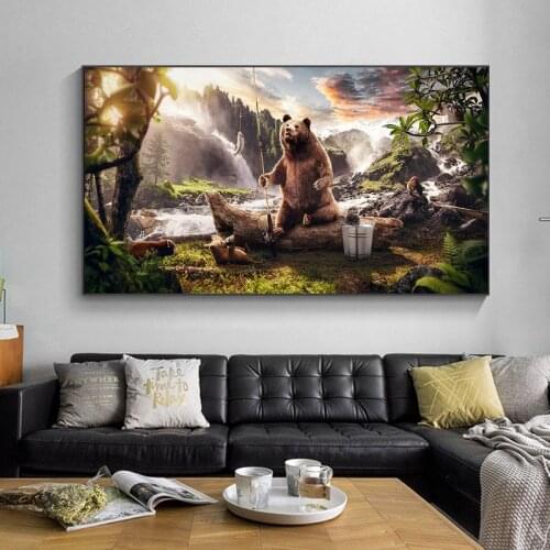 Animals Landscape Wall Paintings Bear Fishing Canvas Painting Wall Art Home Decorations Print Posters Pictures for Living Room
